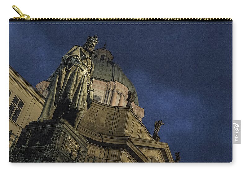 Prague Zip Pouch featuring the photograph Night at the foot of St. Charles Bridge by Matthew Wolf