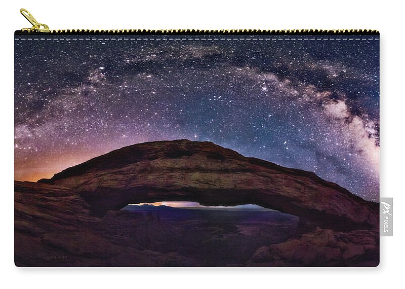 Lena Owens Zip Pouch featuring the digital art Night Sky Over Mesa Arch Utah by Lena Owens - OLena Art Vibrant Palette Knife and Graphic Design