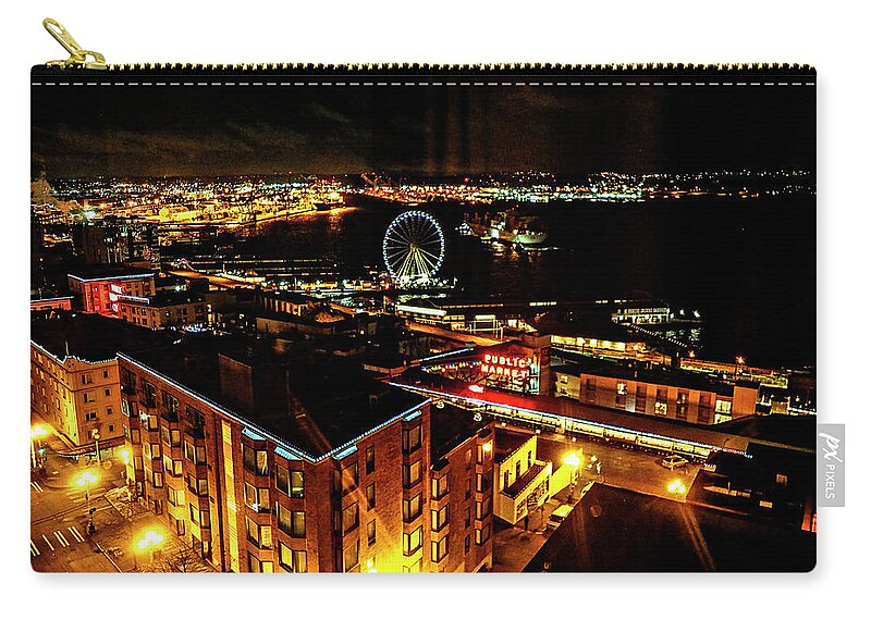 Rebecca Dru Zip Pouch featuring the photograph Night view of Seattle Waterfront by Rebecca Dru
