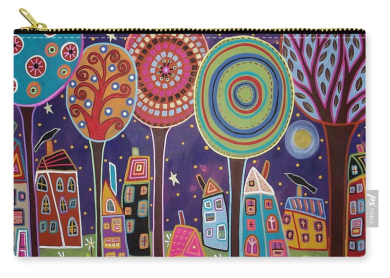 Patterned Landscape Zip Pouch featuring the painting Night Village by Karla Gerard