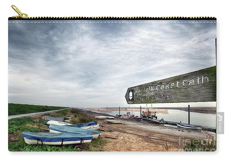 Norfolk Zip Pouch featuring the photograph Norfolk coastal path sign and boats by Simon Bratt