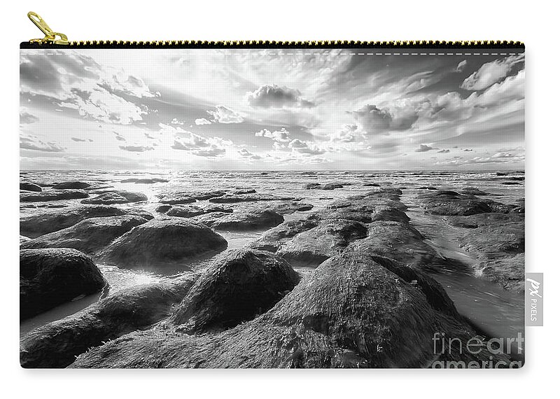 Norfolk Zip Pouch featuring the photograph Norfolk Hunstanton rugged coastline black and white by Simon Bratt