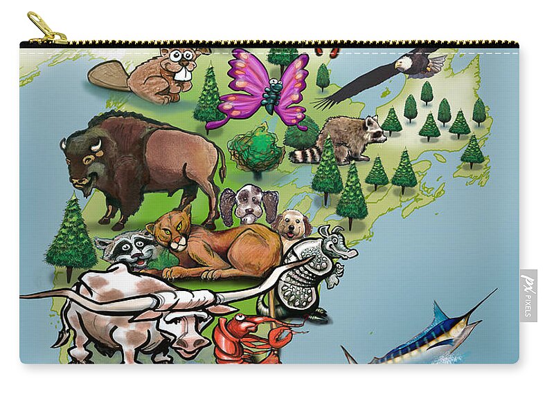 North America Zip Pouch featuring the digital art North American Animals Map by Kevin Middleton