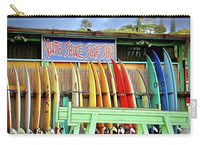 North Shore Zip Pouch featuring the photograph North Shore Surf Shop 1 by Jim Albritton