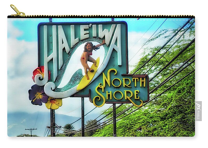 North Shore Zip Pouch featuring the photograph North Shore's Hale'iwa Sign by Jim Albritton