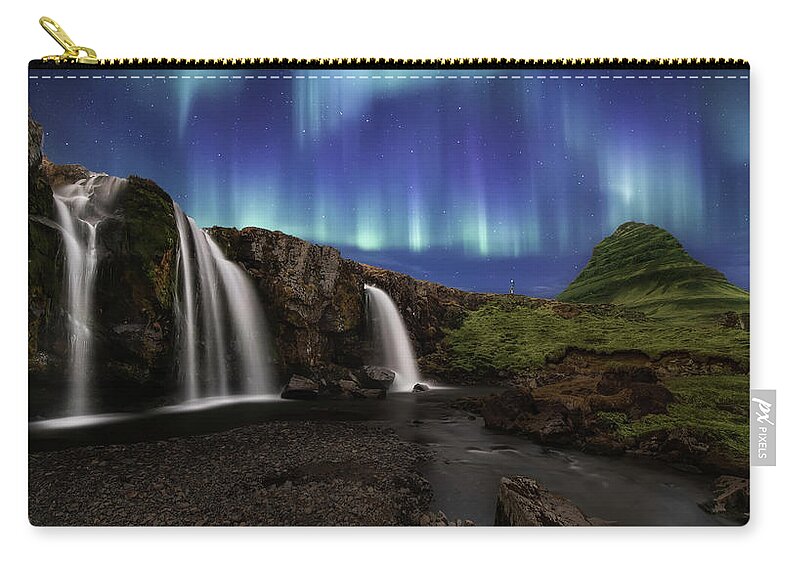 #faatoppicks Zip Pouch featuring the photograph Northern Lights at Kirkjufellsfoss Waterfalls Iceland by Larry Marshall