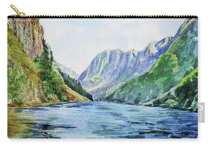 Norway Zip Pouch featuring the painting Norway Fjord Watercolor Landscape by Irina Sztukowski