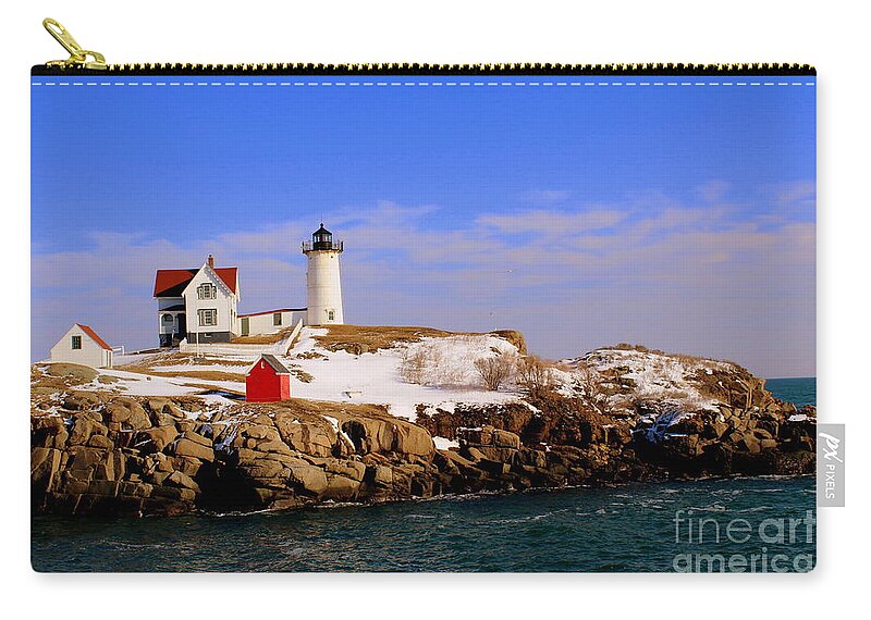 Maine Zip Pouch featuring the photograph Nubble Light In Winter by Lennie Malvone