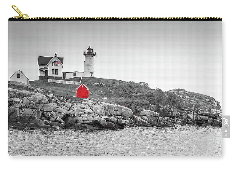 Nubble Lighthouse Zip Pouch featuring the photograph Nubble Lighthouse in color and black and white by Doug Camara