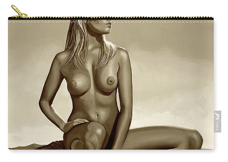 Nude Woman Zip Pouch featuring the mixed media Nude Blond Beauty Sepia by Paul Meijering
