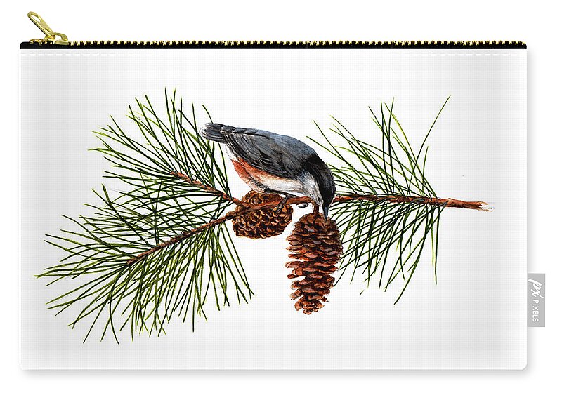 Nuthatch On Pine Zip Pouch featuring the painting Nuthatch 1 by Jessie Vaughn