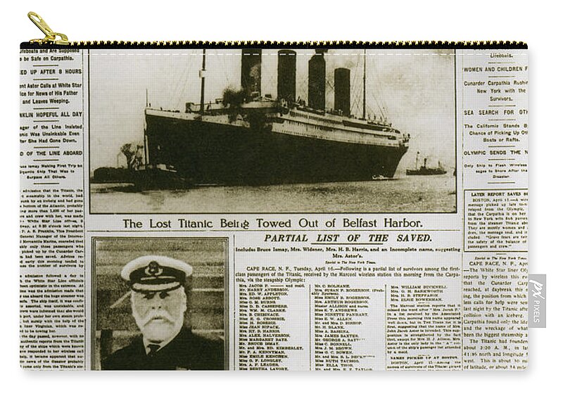 Titanic Zip Pouch featuring the photograph Ny Times, Sinking Of The Titanic, 1912 by Photo Researchers