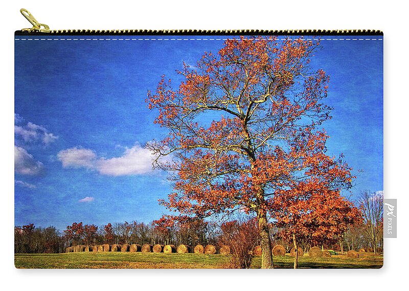 Oak Tree And Hay Bales Zip Pouch featuring the photograph Oak Tree and Hay Bales by Carolyn Derstine
