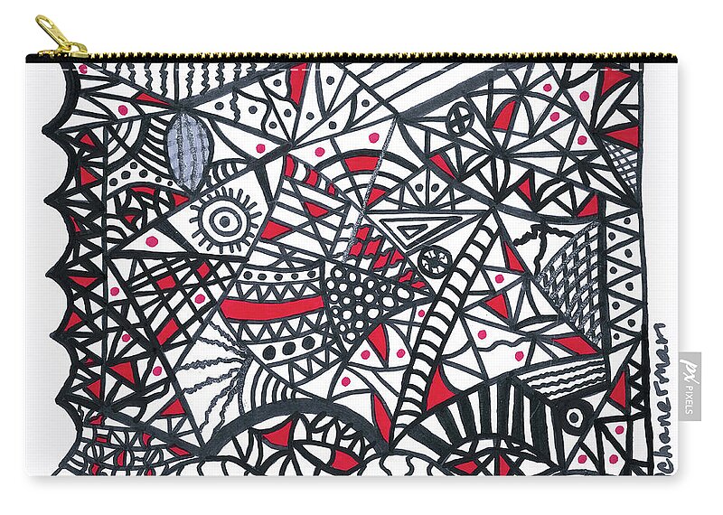 Original Drawing Zip Pouch featuring the drawing Objective Contrast with Red and Silver by Susan Schanerman