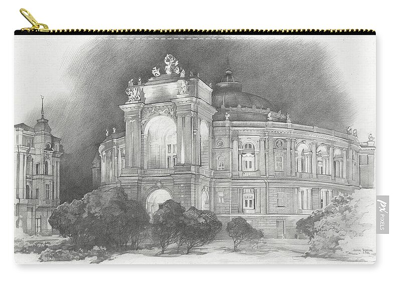 Odessa Zip Pouch featuring the drawing Odessa Theater by Denis Chernov