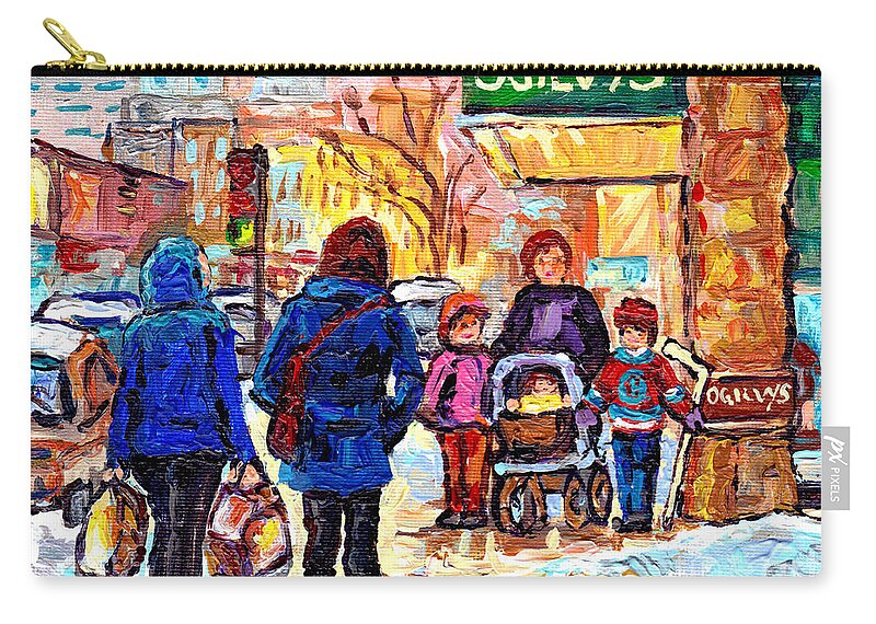 Downtown Montreal Zip Pouch featuring the painting Ogilvy's Beautiful Sunny Winter Stroll Downtown Montreal City Scene Painting Carole Spandau     by Carole Spandau