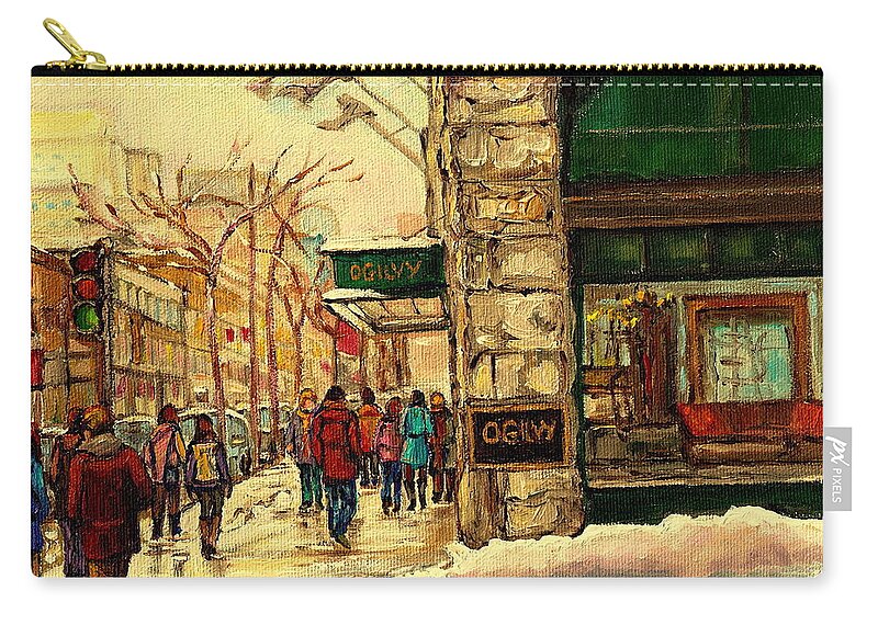 Ogilvys Department Store Zip Pouch featuring the painting Ogilvys Department Store Downtown Montreal by Carole Spandau