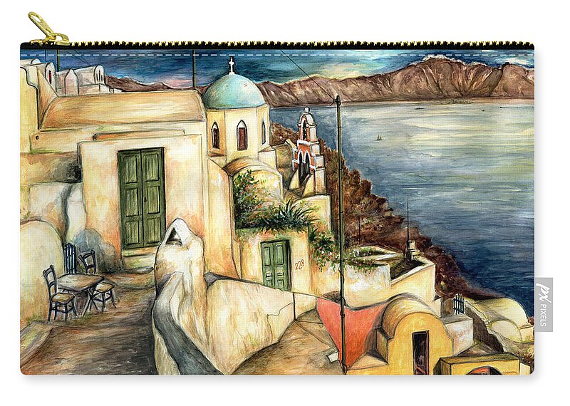Santorini Zip Pouch featuring the painting Oia Santorini Greece - Watercolor by Peter Potter