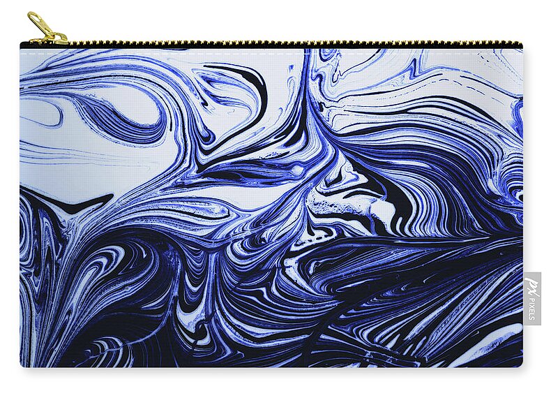 Blue Oil Paint Pattern Zip Pouch featuring the photograph Oil Swirl Blue Droplets Abstract I by John Williams