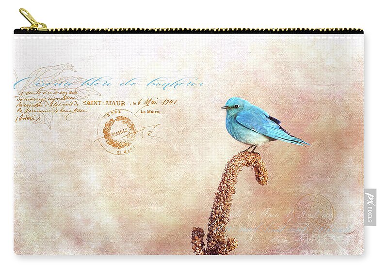 Beve Brown-clark Zip Pouch featuring the photograph Oiseau bleu de bonheur by Beve Brown-Clark Photography