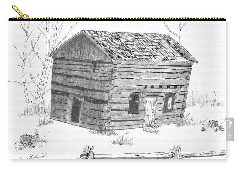 Cabin Zip Pouch featuring the drawing Old Cabin by Terry Frederick