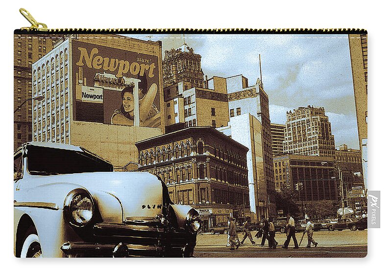 Detroit Zip Pouch featuring the drawing Old Detroit City View - Vintage Art by Peter Potter