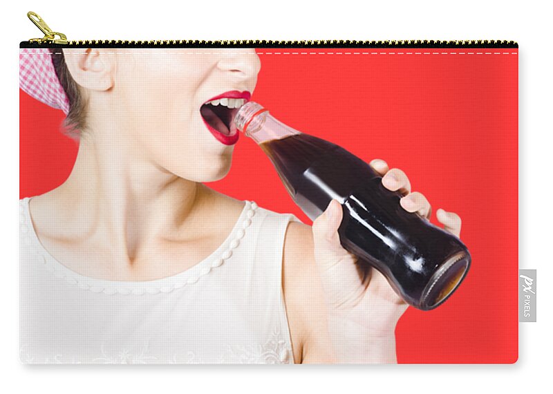 Soft Drink Zip Pouch featuring the photograph Old-fashion pop art girl drinking from soda bottle by Jorgo Photography