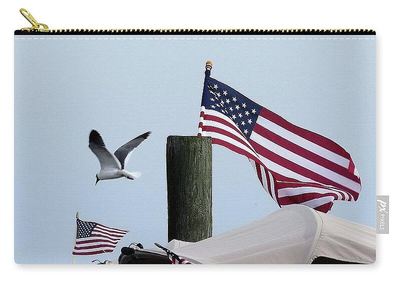 American Flag Carry-all Pouch featuring the photograph Old Glory and Gull by Linda Stern