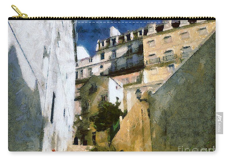 Alfama Zip Pouch featuring the painting Old stairs in Lisbon by Dimitar Hristov