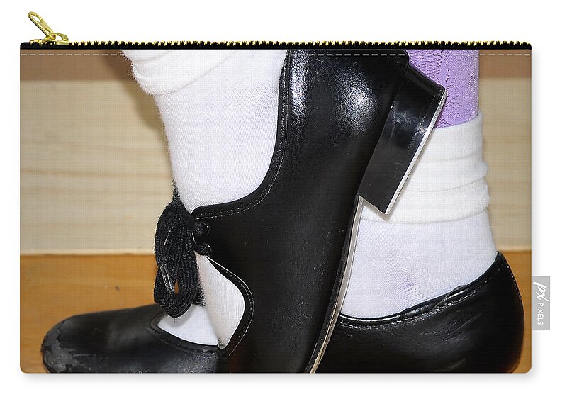 Black Zip Pouch featuring the photograph Old Tap Dance Shoes With White Socks And Wooden Floor by Pedro Cardona Llambias