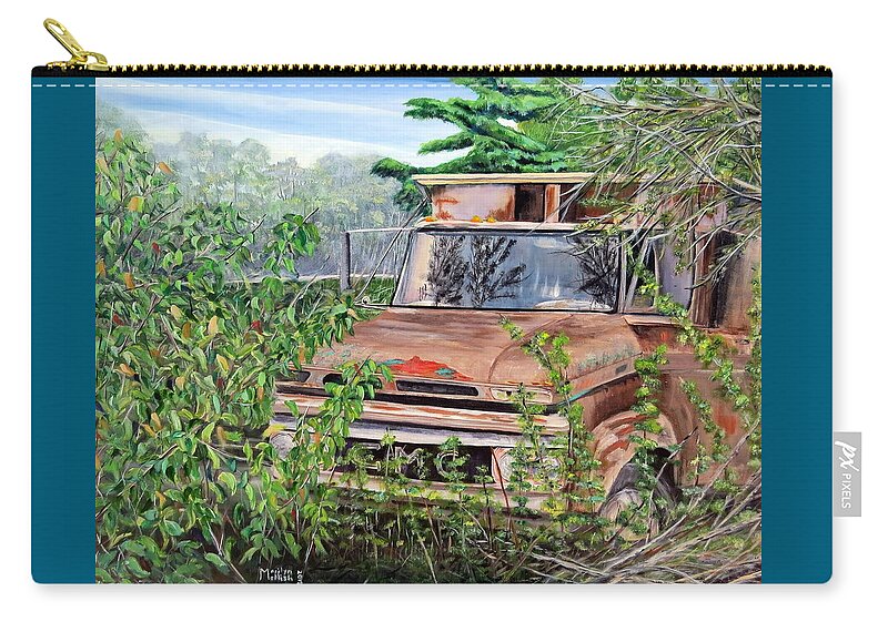 Old Truck Zip Pouch featuring the painting Old truck rusting by Marilyn McNish