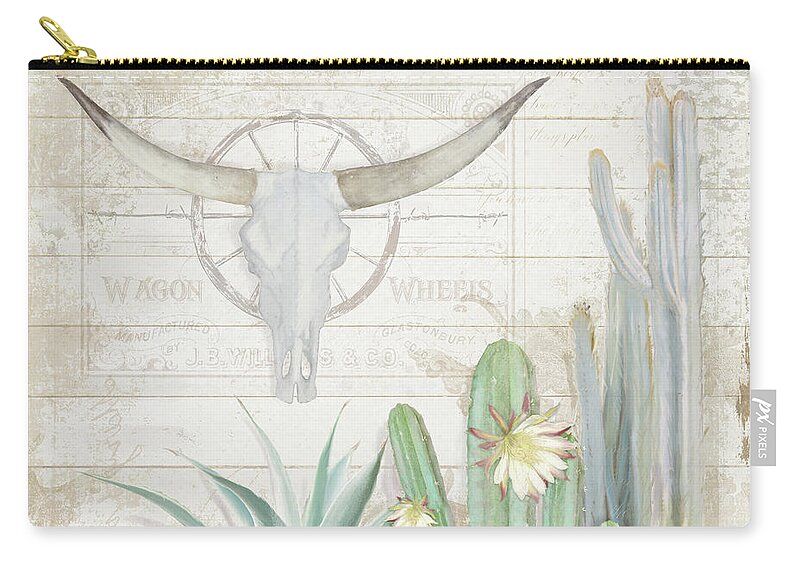 Longhorn Cow Skull Carry-all Pouch featuring the painting Old West Cactus Garden w Longhorn Cow Skull n Succulents over Wood by Audrey Jeanne Roberts