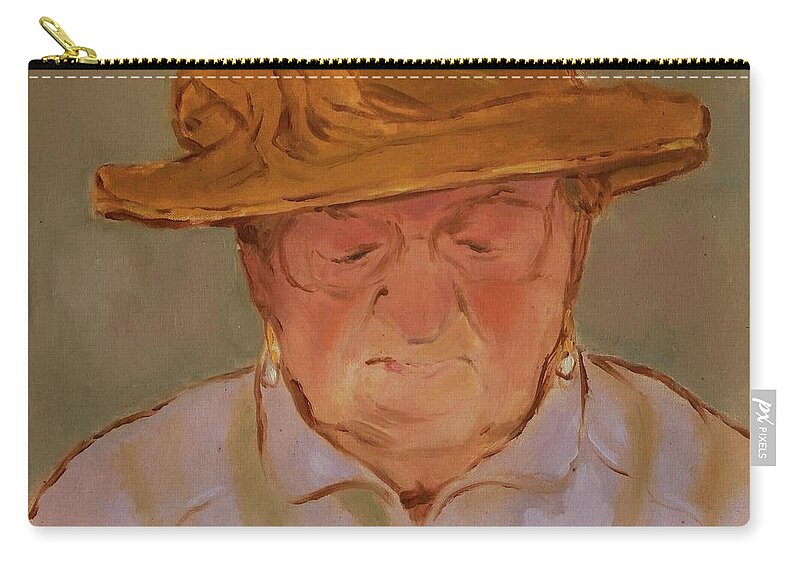 Portrait Zip Pouch featuring the painting Old Woman with Yellow Hat by Attila Meszlenyi