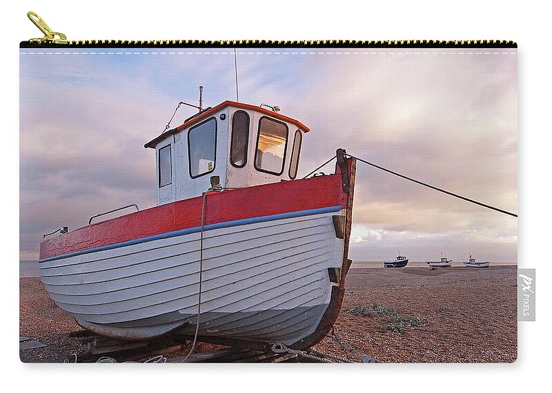 Old Fishing Boat Zip Pouch featuring the photograph Old Wooden Fishing Boat Home By Sunset by Gill Billington