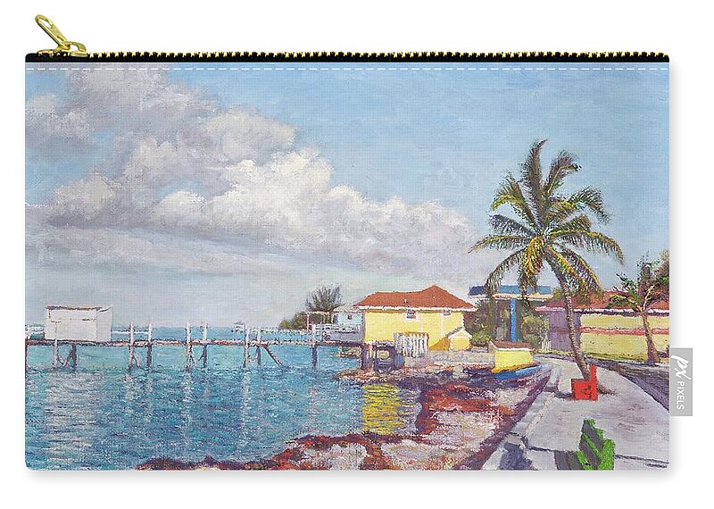 Old Yellow Gas Station Painting Carry-all Pouch featuring the painting Old Yellow Gas Station by the Waterfront - Cooper's Town by Ritchie Eyma