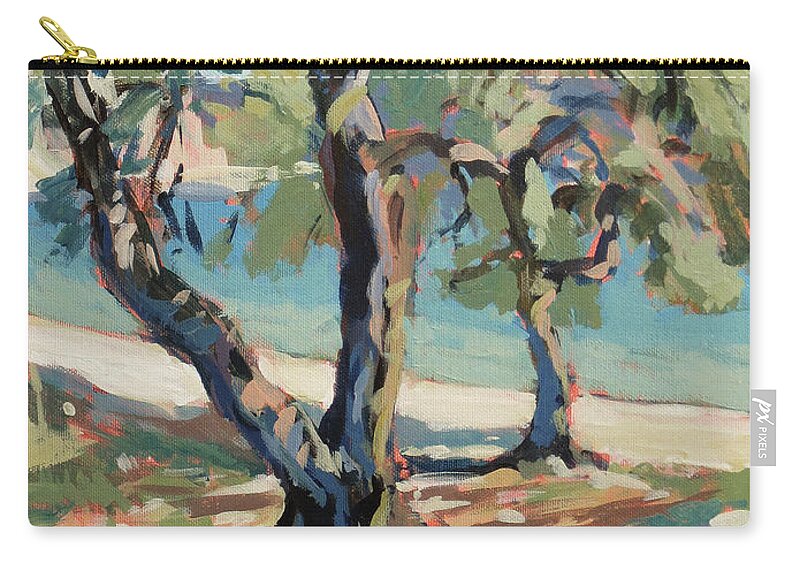 Olive Zip Pouch featuring the painting Olive trees along Marmari Beach Paxos by Nop Briex