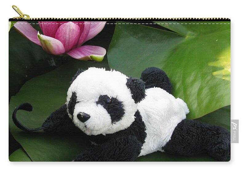 Baby Panda Zip Pouch featuring the photograph On the waterlily by Ausra Huntington nee Paulauskaite