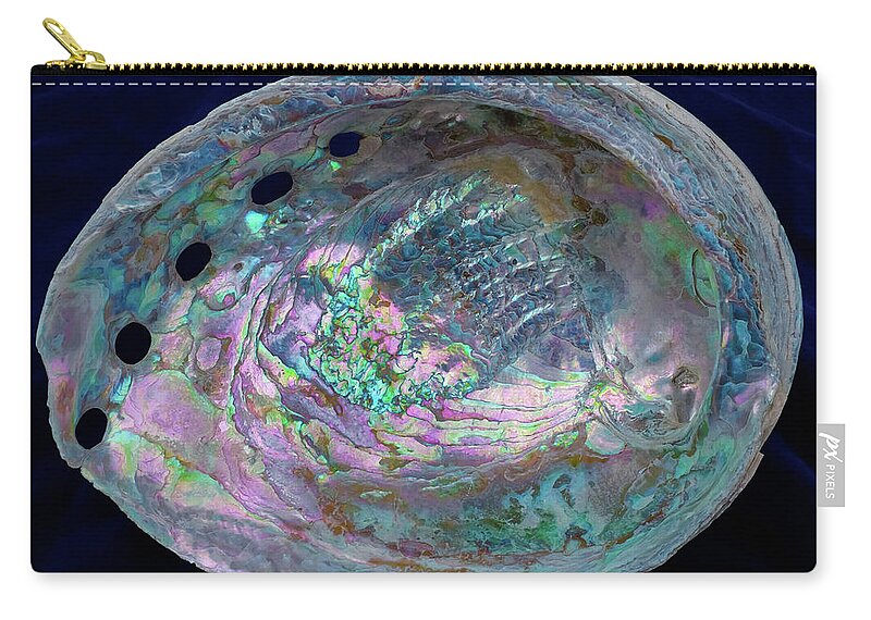 Abalone Zip Pouch featuring the photograph Opalescent Abalone Seashell on Blue Velvet by Kathy Anselmo