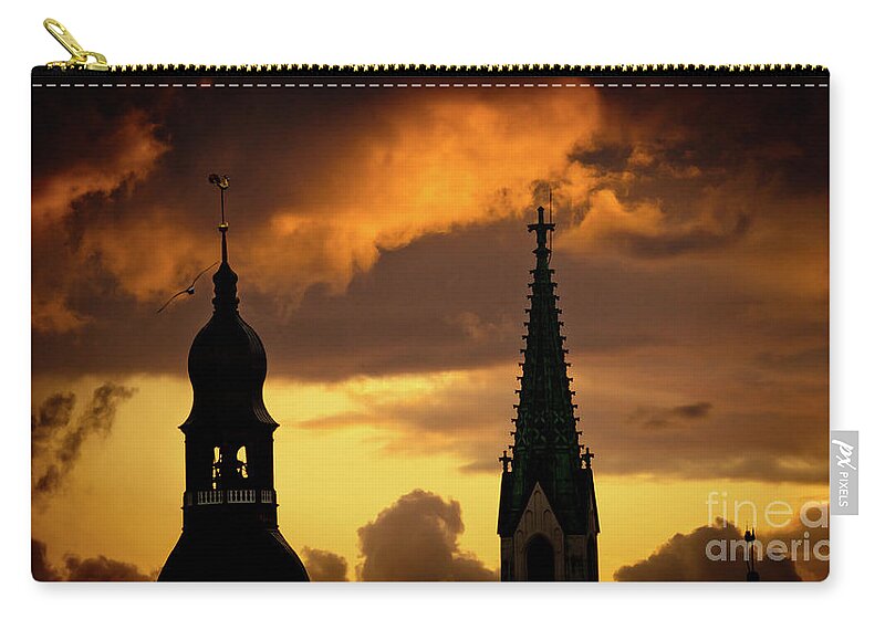 Cities Zip Pouch featuring the photograph Orange sunset view in old town Riga by Raimond Klavins