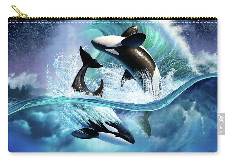 Orca Zip Pouch featuring the digital art Orca Wave by Jerry LoFaro