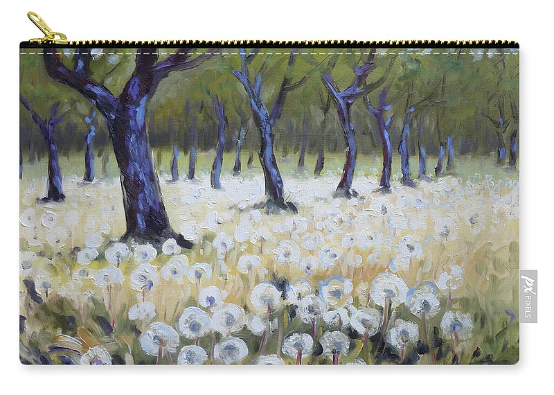 Orchard Zip Pouch featuring the painting Orchard with dandelions by Irek Szelag