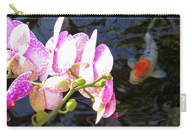 Koi Zip Pouch featuring the photograph Orchid and Koi by Julia Wilcox
