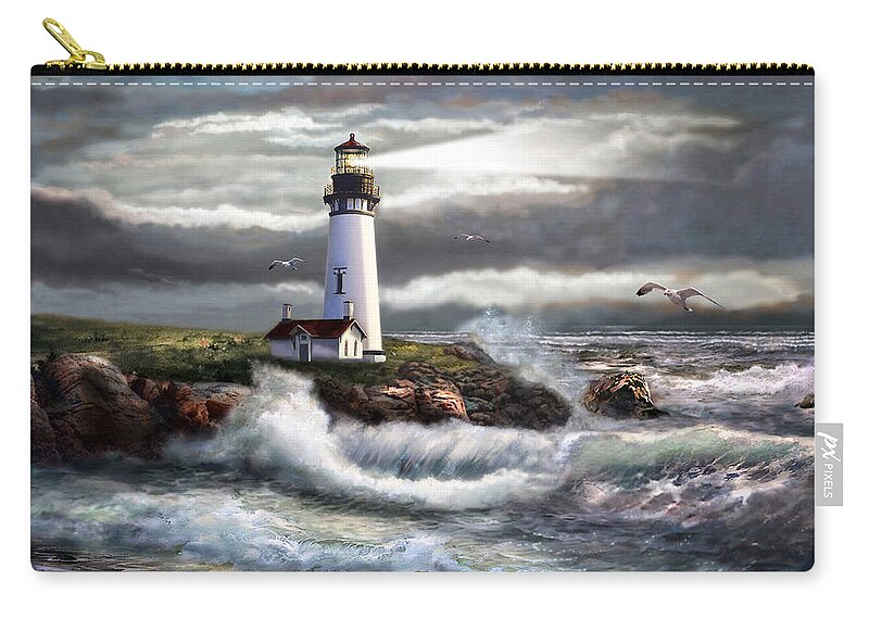 Evening Seascape Zip Pouch featuring the painting Oregon Lighthouse Beam of hope by Regina Femrite