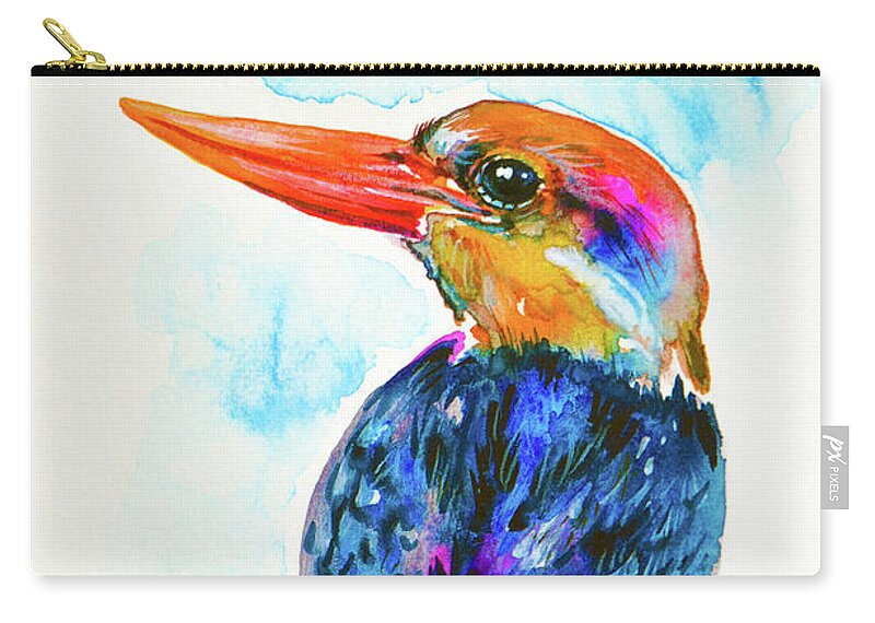 Oriental Dwarf Kingfisher Zip Pouch featuring the painting Oriental Dwarf Kingfisher by Zaira Dzhaubaeva