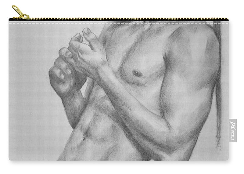 Original Art Zip Pouch featuring the painting Original Charcoal Drawing Art Male Nude Man On Paper #16-3-18-05 by Hongtao Huang