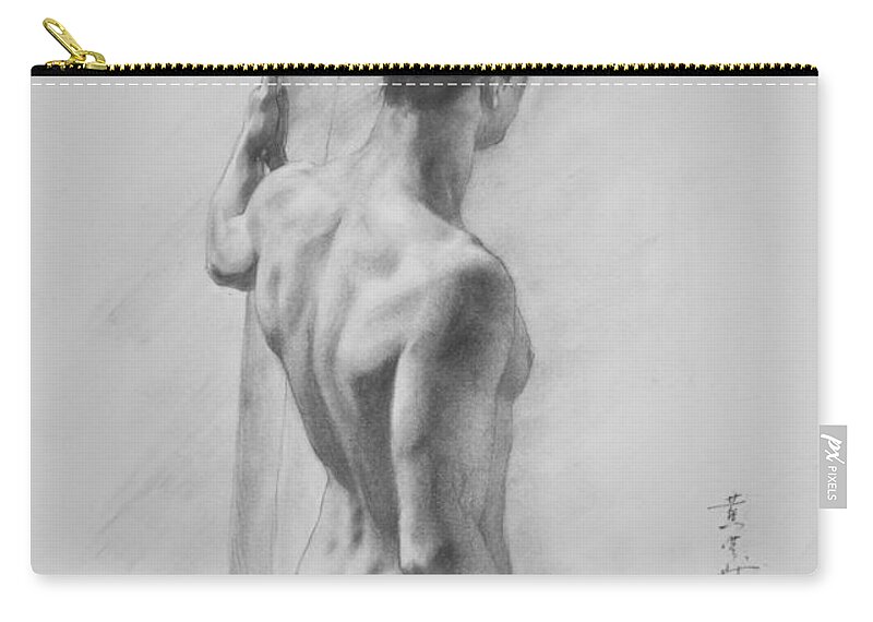 Drawing Zip Pouch featuring the drawing Original Charcoal Drawing Art Male Nude On Paper #16-3-11-12 by Hongtao Huang