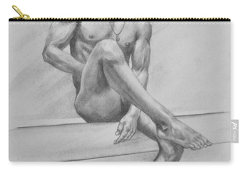Original Art Zip Pouch featuring the drawing Original Drawing Charcoal Male Nude Boy Man On Paper #16-3-29-01 by Hongtao Huang