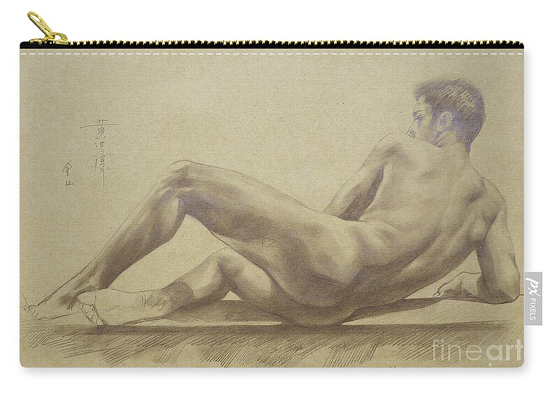 Original Art Zip Pouch featuring the drawing Original Drawing Male Nude Pencil On Paper #16-6-1 by Hongtao Huang