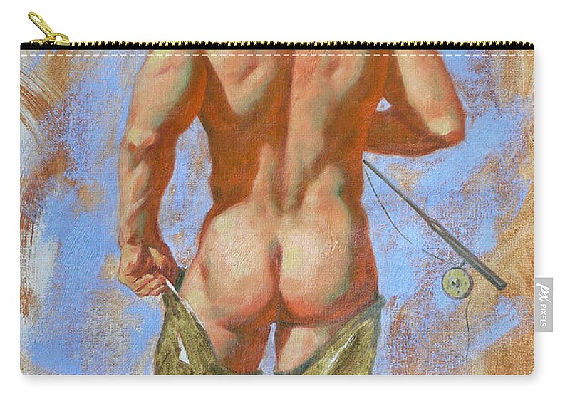 Original Art Zip Pouch featuring the painting Original Oil Painting Art Male Nude Fisherman On Linen #16-2-20 by Hongtao Huang