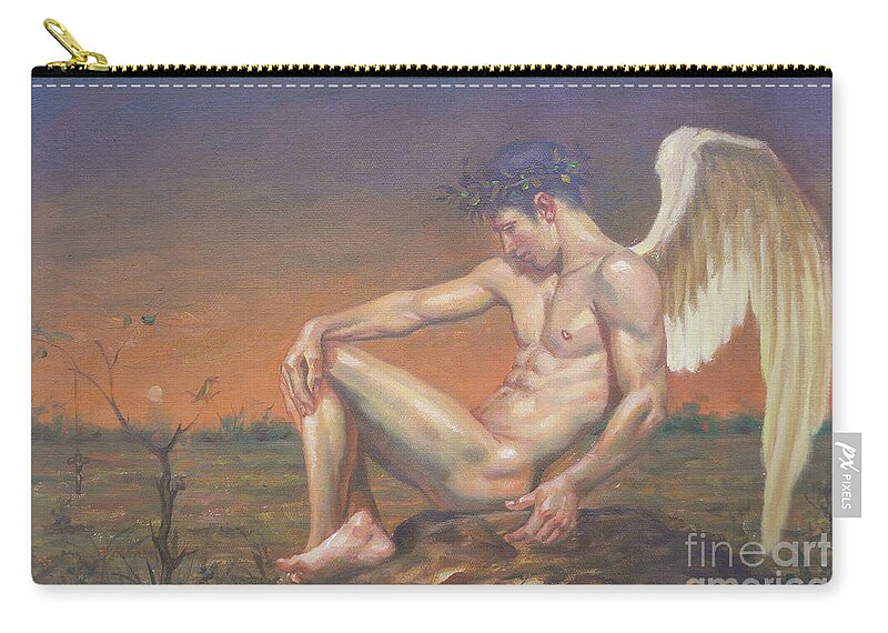 Original Art Zip Pouch featuring the painting Original Oil Painting Nude Art Angel Of Male Nude On Linen#16-7-21 by Hongtao Huang